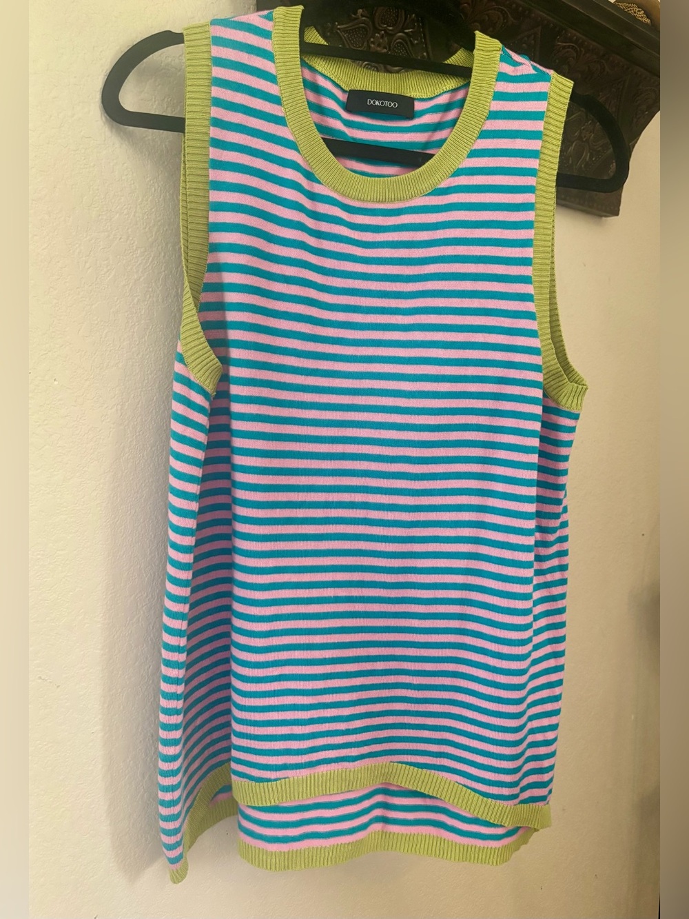 Striped Sleeveless Knit Tank Top in Pink and Teal with Lime Trim